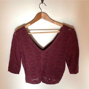 Free People Burgundy 3/4 Sleeve Crop Top Suede Feel
